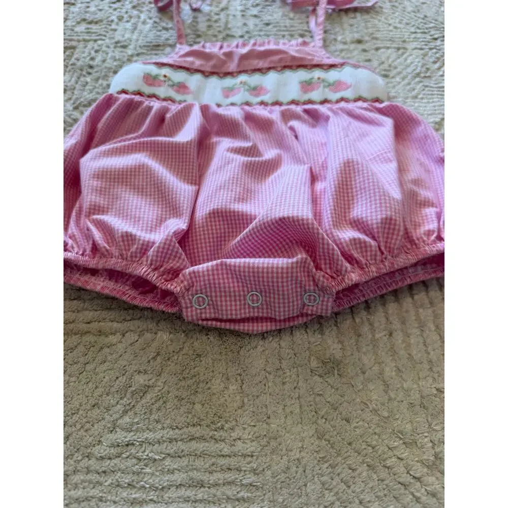 Stitchy Fish Baby Girl Pink Gingham Smocked Strawberry Bubble Romper Size 9M